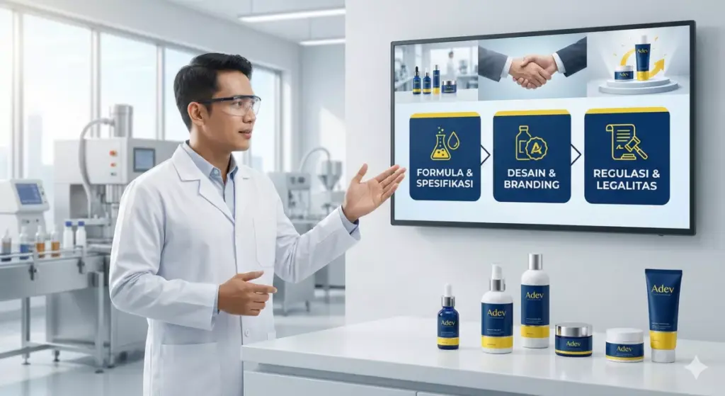 Infografis definisi pabrik maklon Adev menjelaskan 3 pilar kontrak manufaktur kosmetik untuk pemula.
