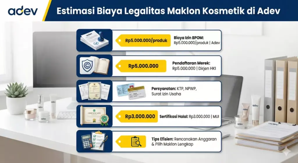 Infografis rincian biaya legalitas maklon kosmetik BPOM, merek, halal, dan persyaratan dokumen di Adev.