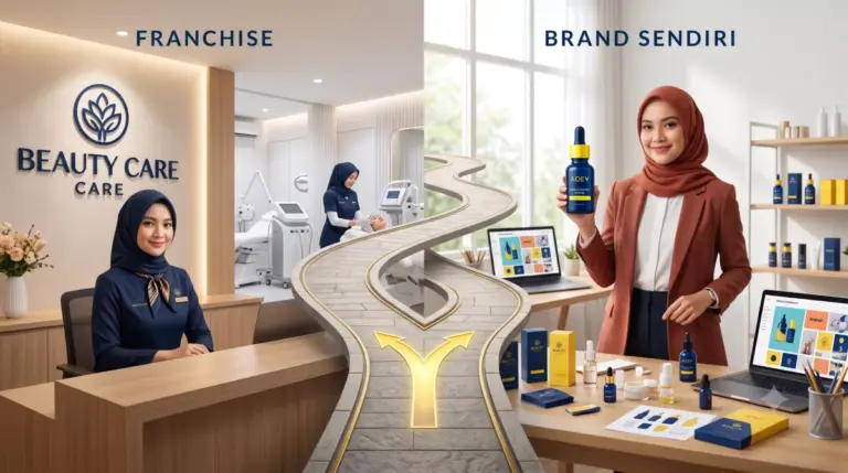 Dua jalur bisnis kecantikan: franchise klinik profesional di kiri, brand owner dengan produk skincare sendiri di kanan.