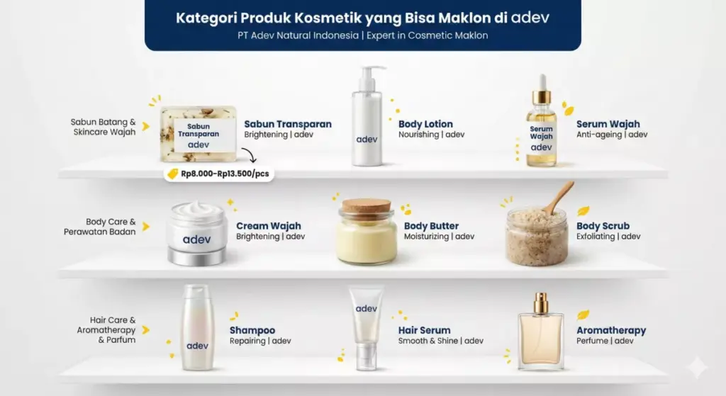 Koleksi kategori produk kosmetik yang bisa diproduksi via maklon Adev seperti serum, cream, sabun, dan hair care.