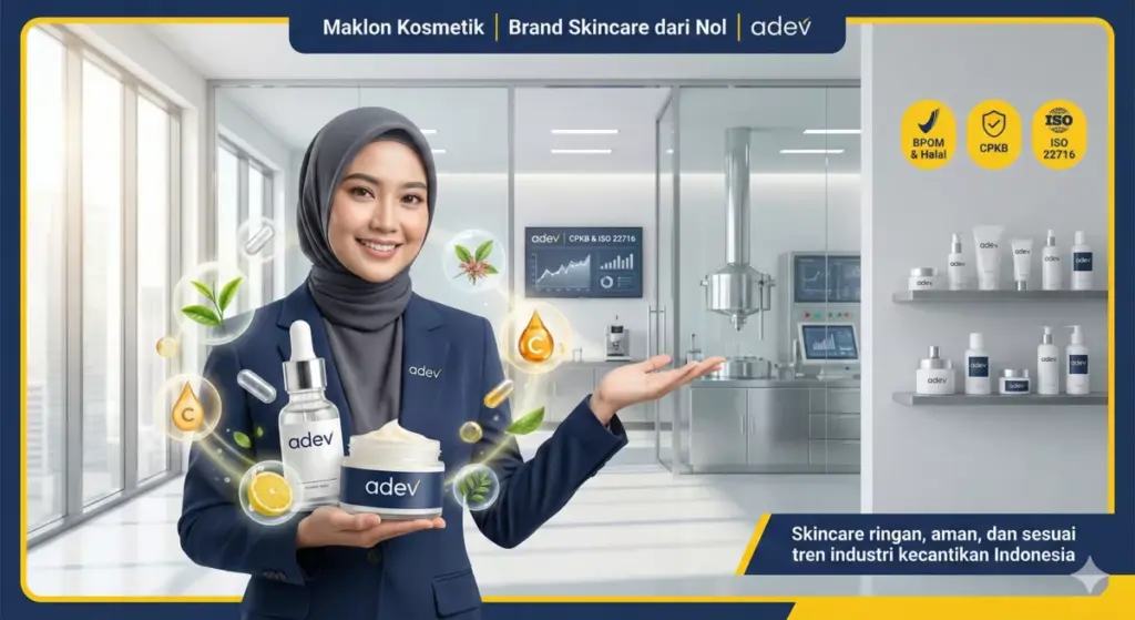 Pengusaha perempuan Indonesia membangun brand skincare lewat maklon kosmetik Adev di laboratorium modern.