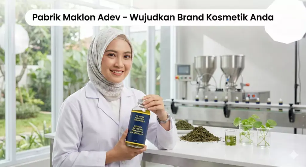 Ilustrasi ilmuwan kosmetik berhijab di laboratorium pabrik maklon Adev memegang botol skincare berkualitas tinggi di Bogor.