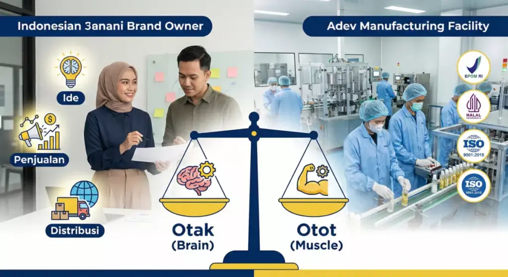 Tabel visual pembagian peran antara pemilik brand dan pabrik maklon Adev dalam produksi kosmetik.