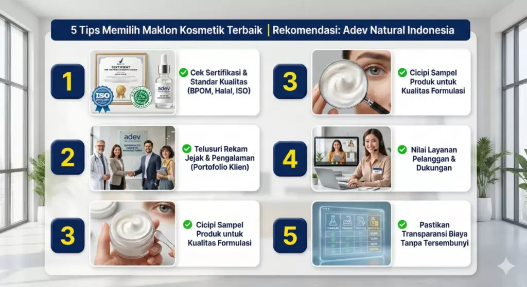 Infografis 5 tips memilih perusahaan maklon kosmetik tepat seperti Adev dengan sertifikasi BPOM dan ISO.
