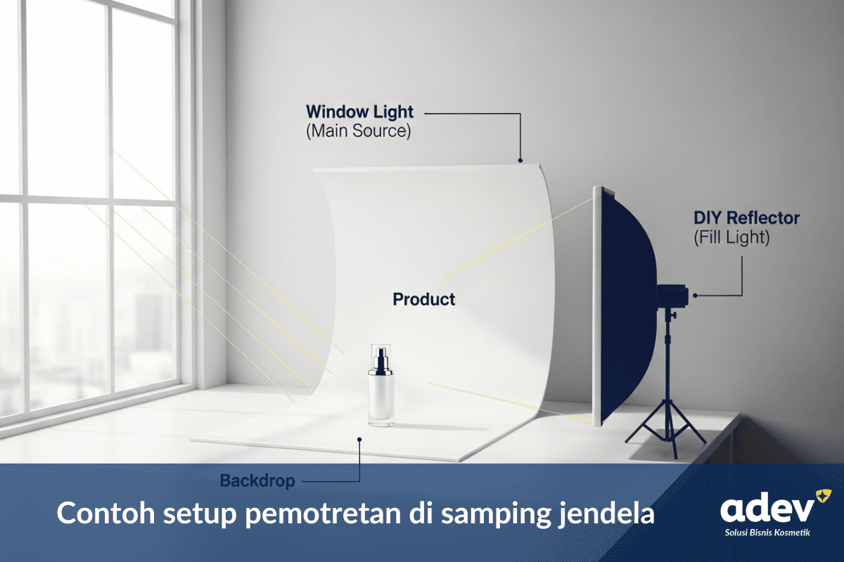 Infografis sederhana yang menunjukkan setup pemotretan di samping jendela, lengkap dengan produk, background, dan DIY reflector