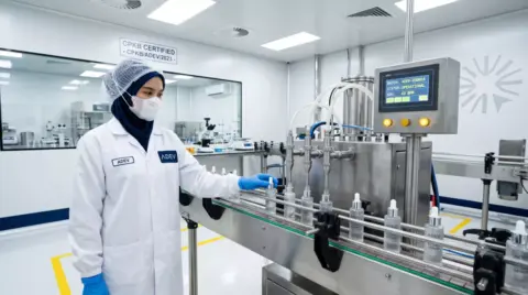 Teknisi perempuan berhijab memantau mesin filling otomatis di lini produksi kosmetik modern ADEV dengan standar cleanroom CPKB.