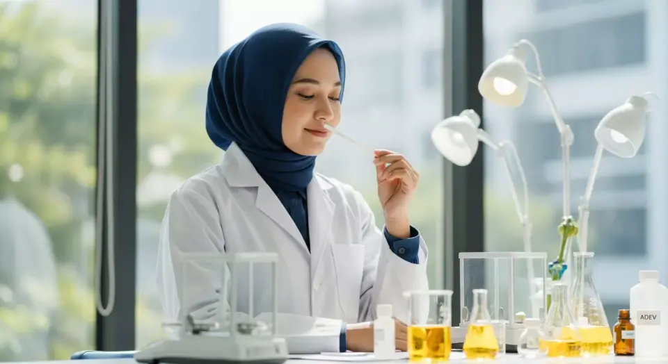 Ilmuwan kosmetik wanita Indonesia berhijab sedang meneliti formula parfum di laboratorium modern Adev.
