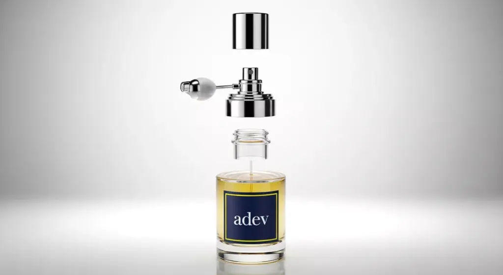 Infografis anatomi botol parfum menunjukkan bagian tutup, sprayer, leher, dan badan botol kaca transparan dengan label Adev.