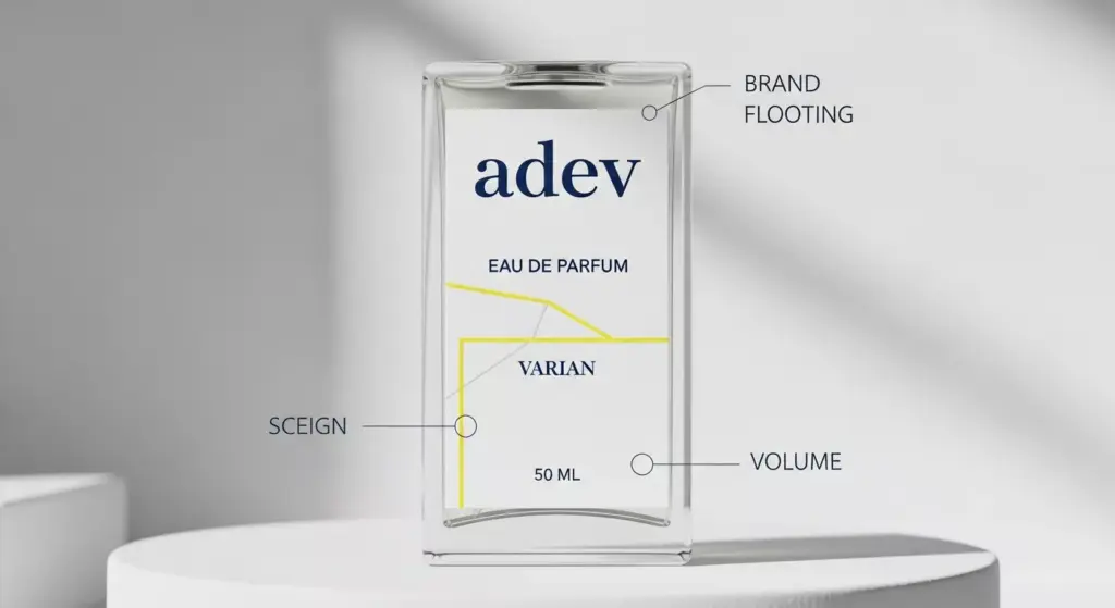 Infografis anatomi desain label parfum menunjukkan hierarki tipografi nama brand, varian aroma, dan volume.