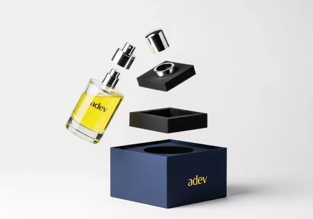 Infografis anatomi kemasan parfum merek Adev menampilkan lapisan botol kaca, pump spray, tutup zamac, dan rigid box warna biru navy dengan aksen kuning.
