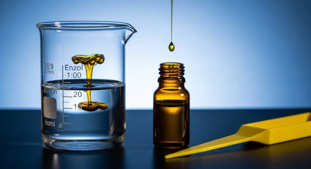 Gelas ukur berisi alkohol dan botol minyak esensial di laboratorium, menggambarkan komponen kimia parfum.