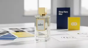 Botol parfum mewah merek Adev dengan latar belakang sketsa desain dan elemen branding di studio yang cerah.