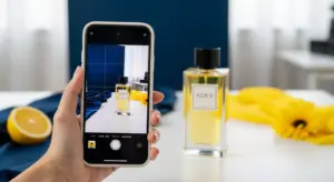 Fotografer wanita Indonesia sedang memotret botol parfum mewah brand Adev menggunakan kamera HP dengan latar belakang biru navy dan aksen kuning.