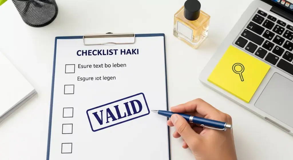 Tangan profesional memegang stempel atau memeriksa dokumen legalitas merek di dekat laptop dan botol parfum, simbol keamanan bisnis.