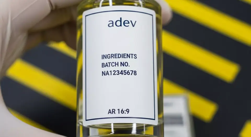 Tangan profesional memegang botol parfum dengan label yang mencantumkan nomor notifikasi BPOM dan logo halal.