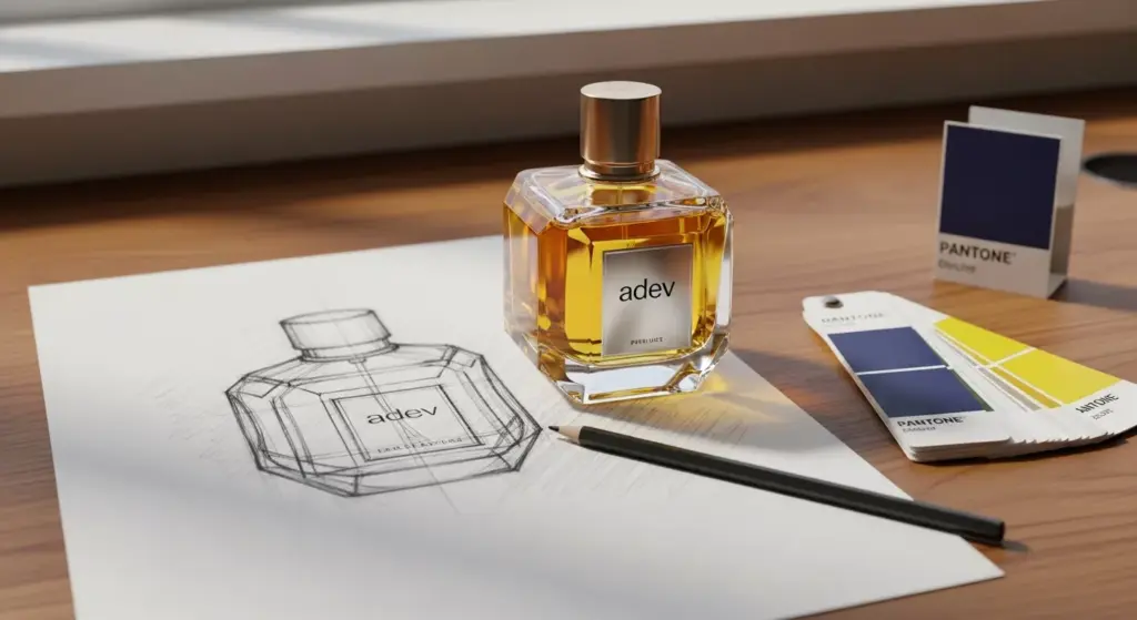 Sebuah botol parfum fisik yang mewah berdiri di atas kertas sketsa desain teknis di meja desainer.