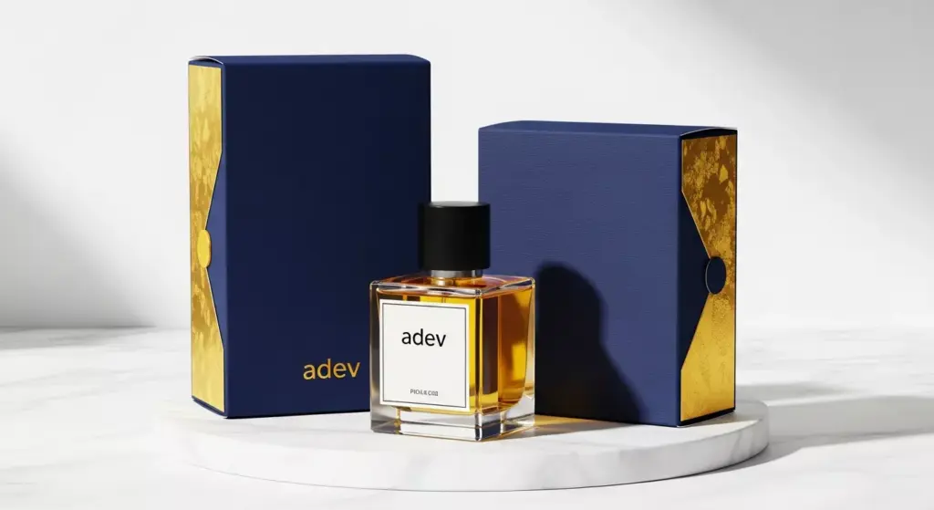 Tampilan botol parfum kaca dengan kemasan kotak berwarna navy blue dan kuning emas yang elegan.