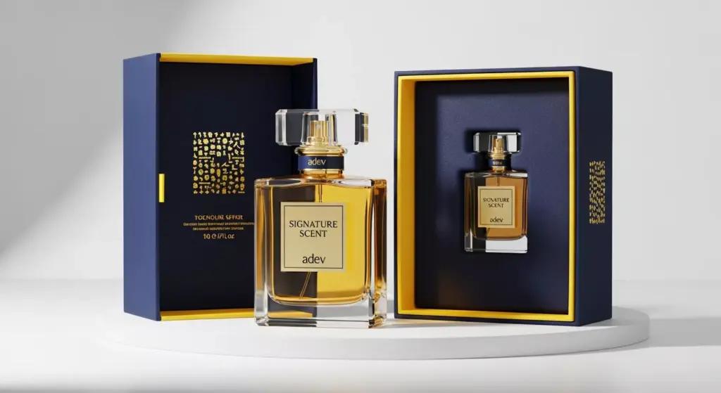 Tampilan botol parfum custom dengan desain kemasan premium dan kotak elegan berwarna navy dan emas.