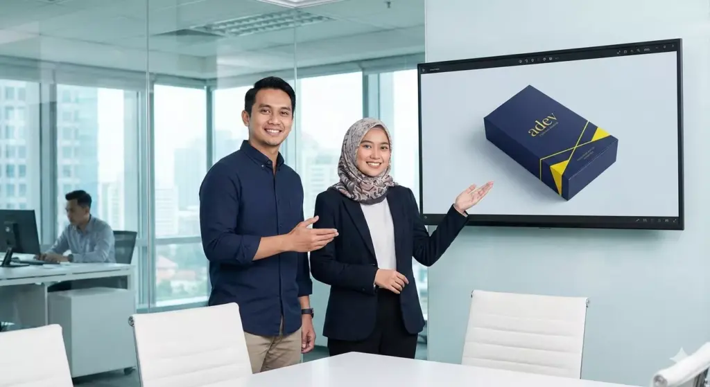 Dua profesional sedang berdiskusi menunjuk layar komputer yang menampilkan desain 3D kotak parfum Adev.