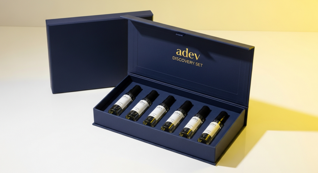 Contoh kemasan produk discovery set atau tester kit parfum berisi 5 botol vial kaca dalam kotak navy blue eksklusif buatan maklon Adev.