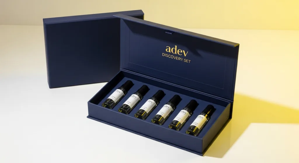 Contoh kemasan produk discovery set atau tester kit parfum berisi 5 botol vial kaca dalam kotak navy blue eksklusif buatan maklon Adev.