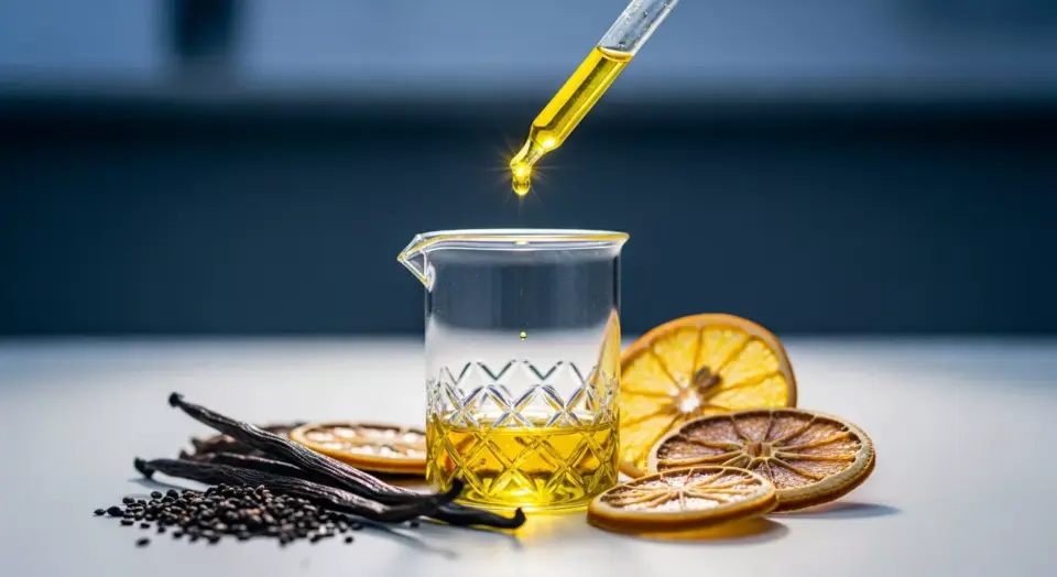 Proses pencampuran bahan baku parfum (essential oil) menggunakan pipet presisi di laboratorium formulasi Adev.