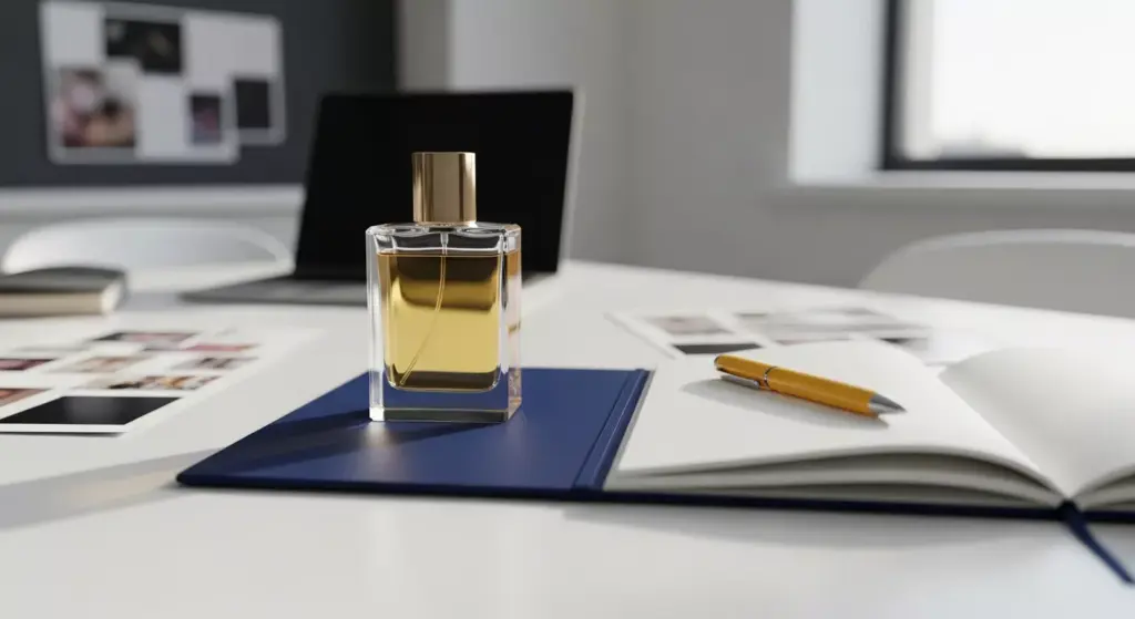 Botol parfum kaca elegan di atas meja kerja putih dengan buku catatan biru navy berisi sketsa ide nama, pulpen kuning, dan laptop.