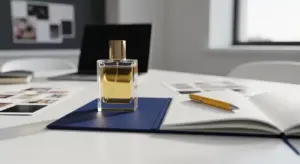 Botol parfum kaca elegan di atas meja kerja putih dengan buku catatan biru navy berisi sketsa ide nama, pulpen kuning, dan laptop.