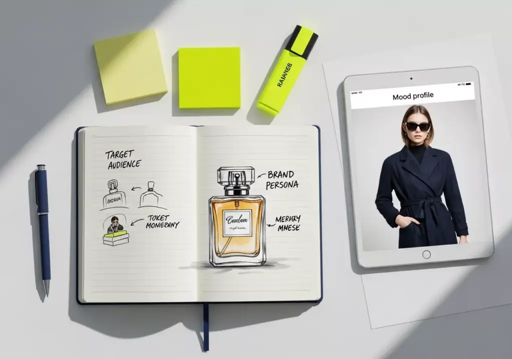Sketsa konsep branding parfum dan profil target audiens di atas meja kerja dengan elemen warna biru navy dan kuning.