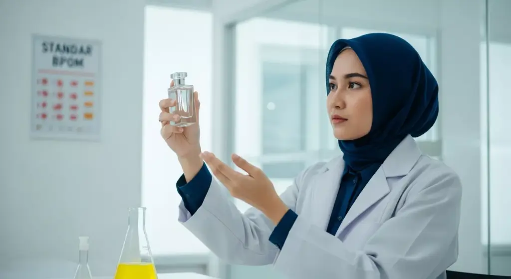 Ilmuwan wanita Indonesia berhijab di laboratorium Adev sedang memeriksa formula parfum dengan standar BPOM.