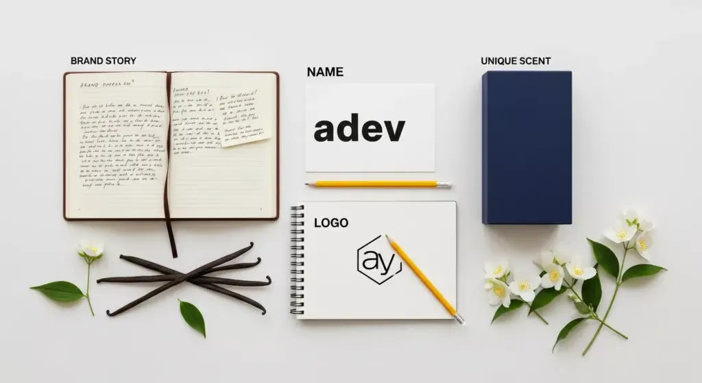 Komposisi flatlay 5 elemen branding parfum: Buku cerita, nama brand, logo sketsa, kemasan, dan bahan aroma.