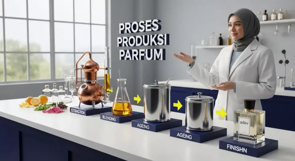 Infografis fotorealistik yang menampilkan tahapan proses produksi parfum di laboratorium Adev, mulai dari ekstraksi bahan baku alami, pencampuran formula, maserasi, hingga menjadi produk parfum botol kaca siap jual oleh ahli kimia kosmetik.