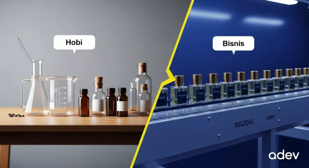 Infografis perbandingan visual antara meracik parfum skala hobi manual dengan produksi parfum skala bisnis menggunakan mesin pabrik.