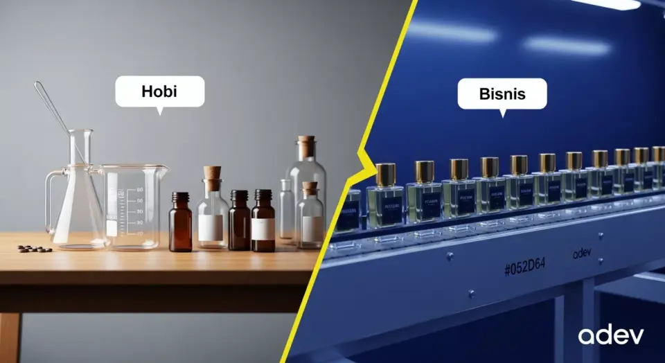 Infografis perbandingan visual antara meracik parfum skala hobi manual dengan produksi parfum skala bisnis menggunakan mesin pabrik.