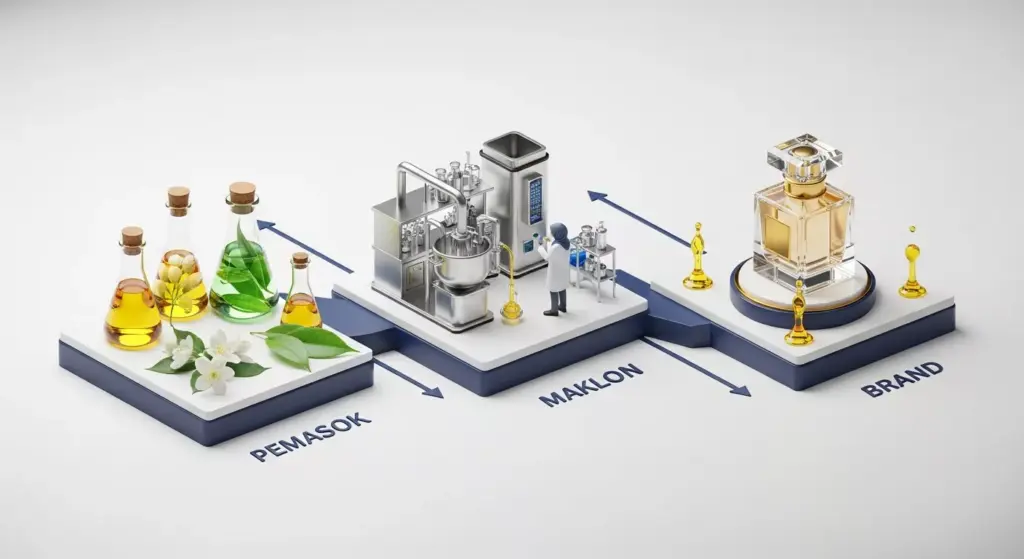 Infografis fotorealistik 3D yang menggambarkan alur ekosistem industri parfum di Indonesia, menampilkan tahap bahan baku, pabrik maklon modern, dan produk akhir botol parfum mewah dengan nuansa warna biru navy dan kuning khas Adev.