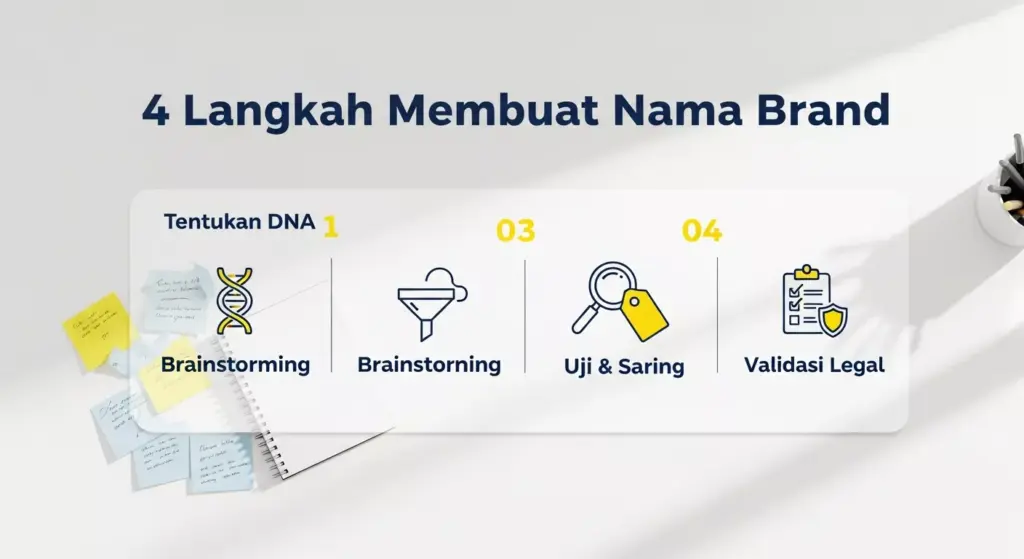 Infografis 4 langkah cara membuat nama brand parfum: Tentukan DNA, Brainstorming, Uji Saring, dan Validasi Legalitas, dengan palet warna biru navy dan kuning khas Adev.