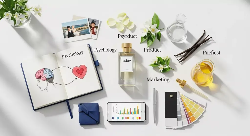 Komposisi flat lay botol parfum adev dengan elemen buku catatan strategi pemasaran dan bahan baku alami.