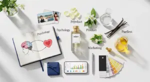 Komposisi flat lay botol parfum adev dengan elemen buku catatan strategi pemasaran dan bahan baku alami.