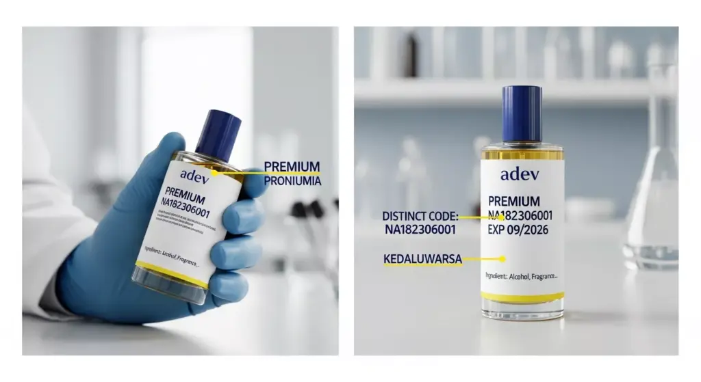 Ilustrasi letak informasi wajib BPOM pada kemasan label parfum termasuk nomor notifikasi dan tanggal kadaluarsa.