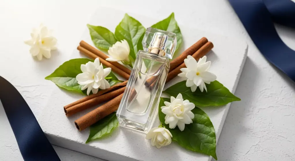 Komposisi artistik botol parfum dengan bahan alam Indonesia seperti bunga melati, kayu manis, dan daun nilam di atas latar belakang bersih.