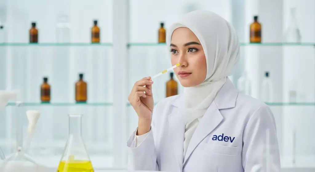 Ilmuwan kosmetik wanita Indonesia berhijab mengenakan jas lab putih dengan logo Adev, sedang meneliti aroma parfum di laboratorium modern yang terang.