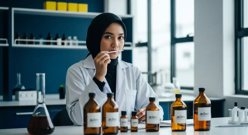 Peneliti kosmetik wanita berhijab di laboratorium Adev sedang menguji aroma parfum.