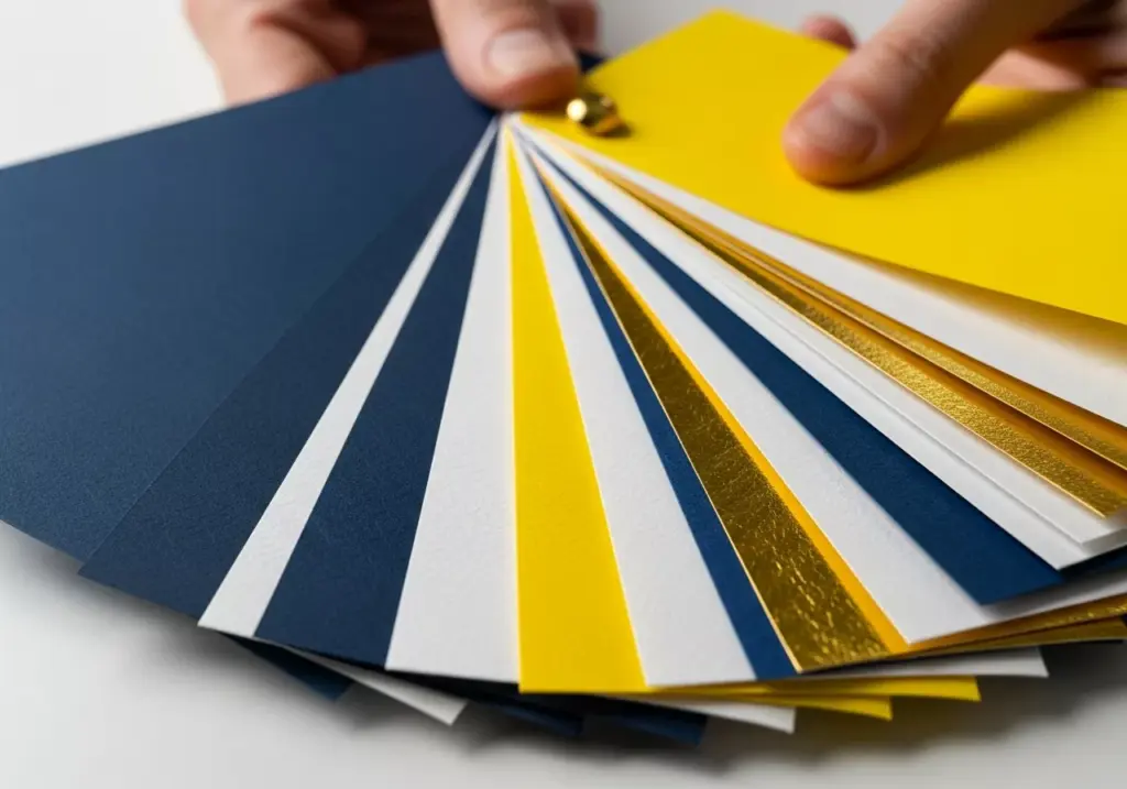 Tangan memegang berbagai sampel kertas bertekstur dan swatches warna untuk kemasan parfum.