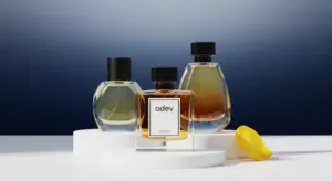 Botol parfum mewah merek Adev dengan latar belakang biru navy dan pencahayaan studio yang cerah.