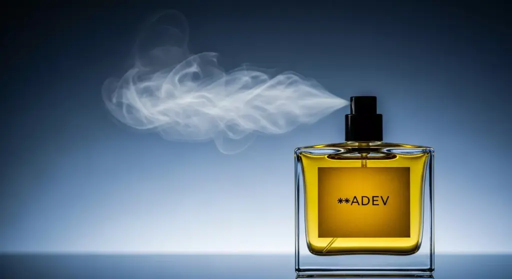 Botol parfum mewah adev dengan visualisasi uap emas yang menggambarkan daya sebar aroma atau sillage.