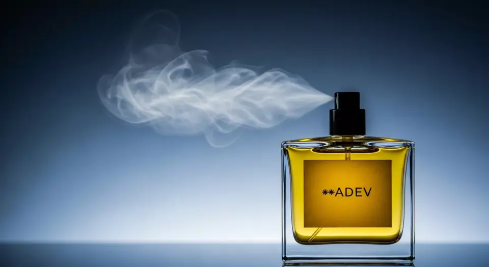 Botol parfum mewah adev dengan visualisasi uap emas yang menggambarkan daya sebar aroma atau sillage.