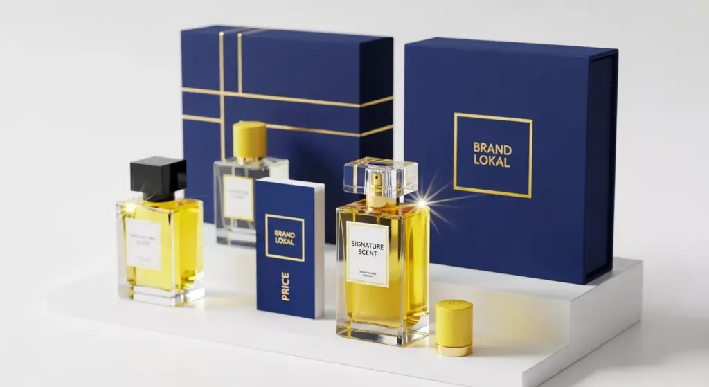 Fotografi produk komersial menampilkan koleksi botol parfum mewah dengan kemasan elegan berwarna biru navy dan emas, merepresentasikan kategori perusahaan pemilik brand parfum di Indonesia.