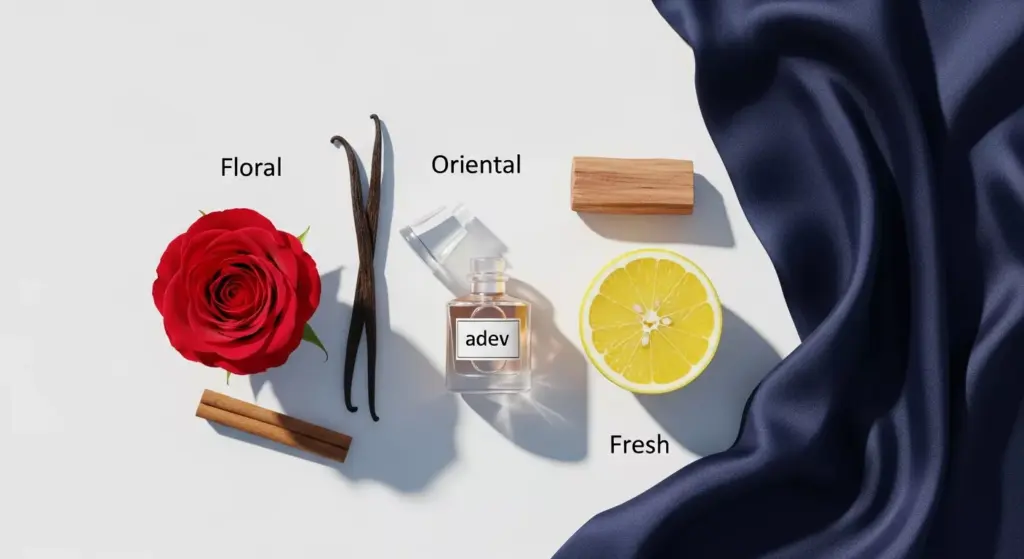 Komposisi bahan baku parfum alami termasuk bunga mawar, kayu cendana, lemon, dan rempah dengan botol sampel Adev.