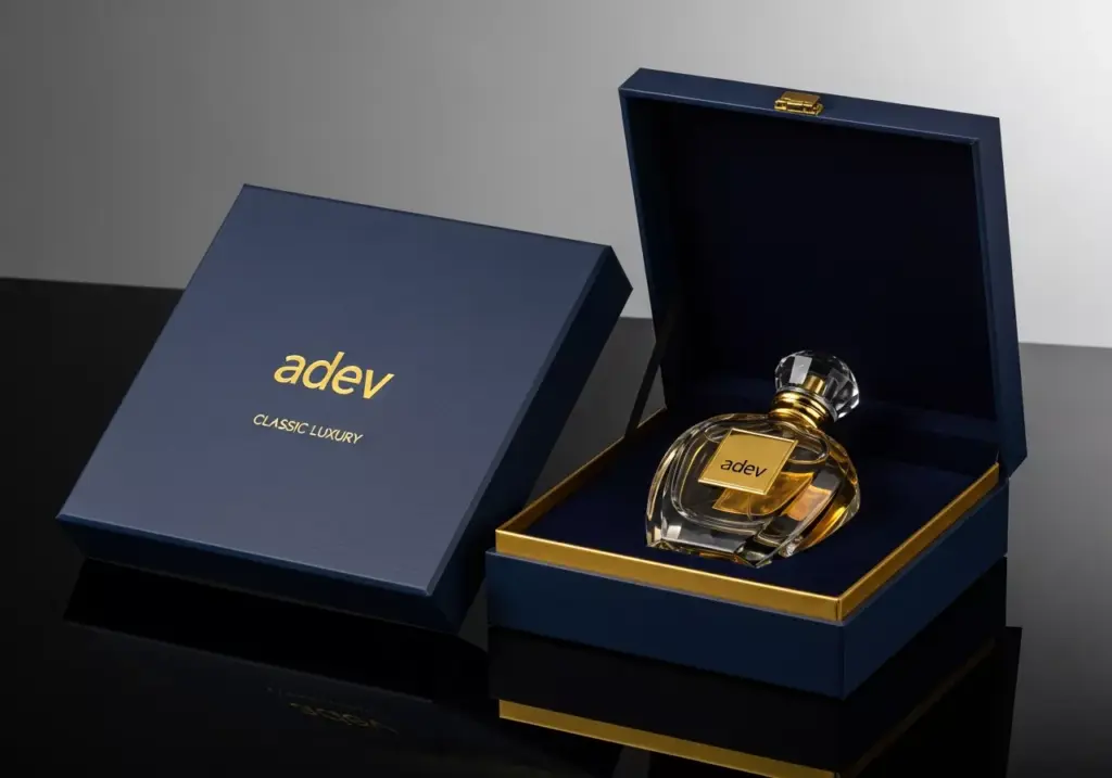 Desain kemasan parfum mewah rigid box warna biru navy dengan finishing hot foil emas dan botol kaca premium.
