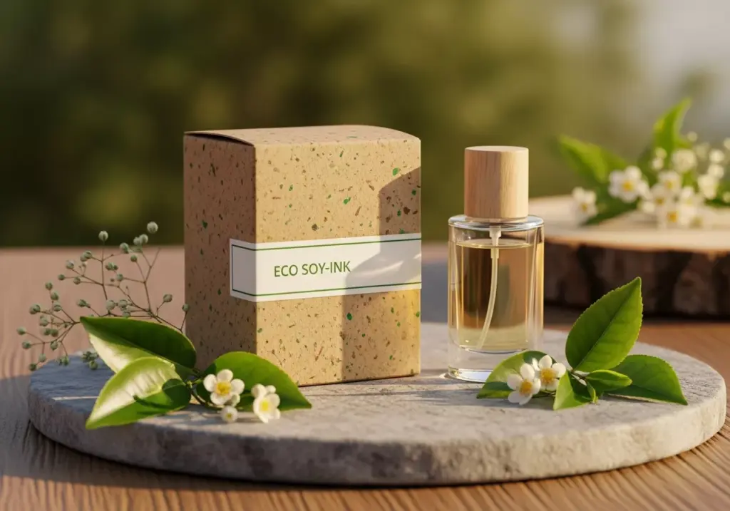 Kemasan parfum ramah lingkungan dari kertas daur ulang kraft dengan elemen botani hijau.